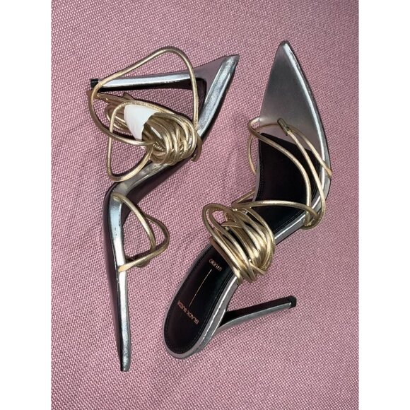 Black Suede Studio Talia Heel Pointy Sandal in Silver Gold 39 New with Box Women - Picture 7 of 15